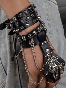 4pcs/Set Punk Style Skull Head Retro Round PU Leather Bracelet Set - Multicolor - View 2