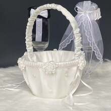 1 件婚礼白色花朵手持篮，带珍珠装饰，花瓣装饰新娘花架，适合任何婚礼仪式和派对 - 硬提手 - 查看 2