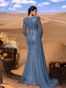 Faeriesty Đầm dạ hội dáng đuôi cá đính sequin cổ vuông thanh lịch dành cho nữ – Tay dài có cấu trúc, đuôi váy lệch vai và kiểu dáng trumpet ôm sát, thích hợp cho các buổi lễ trao giải, đám cưới sang trọng, sự kiện thảm đỏ và tiệc gala trang trọng mùa xuân. - Màu xanh bụi bặm - Xem 3