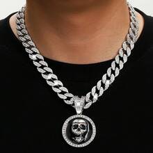 Men's Shiny Cuban Chain Necklace, Miami Style Silver Plated Gold Plated Shiny Necklace, Hop Necklace - 骷髏頭-銀色 - 查看 3
