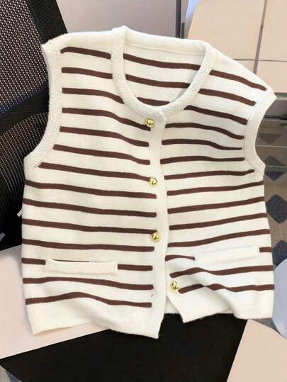 Gilet sans manches en tricot rayé pour femme avec boutons dorés, polyvalent et rajeunissant, printemps/été