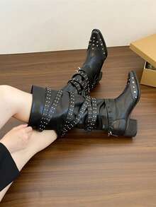 Vintage Rivet High Shaft Pointed Toe Chunky Heel Side Zipper Long Boots, Women's Summer & Autumn/Winter Versatile Knee-High Western Cowboy Riding Boots, Retro British Style - Black - View 8