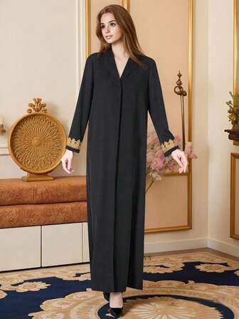 cimmuovere 带金色饰边的 V 领长袖 Abaya/Kaftan/Caftan，宽松休闲风格，适合休闲、街头散步、度假