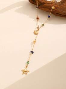 1pc Elegant Randomized Colored Stone Chain, Starfish Shell Pendant, Y-Necklace, Women Fashion Jewelry Suitable For Beach Vacation