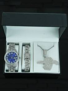 1 Set de joyería para hombre con colgante con signo de dólar con alas todo cubierto de rhinestone, reloj, pulsera, conjunto de joyería de lujo y glamoroso, accesorio de moda brillante