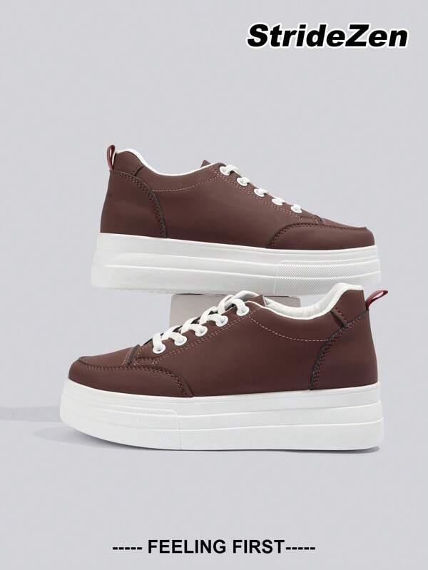 Outdoor Minimalist Style Leather Round Toe Slip-On Silicone Shoelace Thick & Durable Women's Sports Shoes