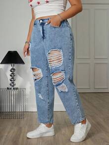 Jeanoix Plus Size Casual Bleashed Ripped Loose Jeans - Light Wash - View 5