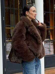 HH 女式冬季优雅纯色仿皮草效果长袖开衫外套女式休闲高街口袋外套 - 棕色 - 查看 6