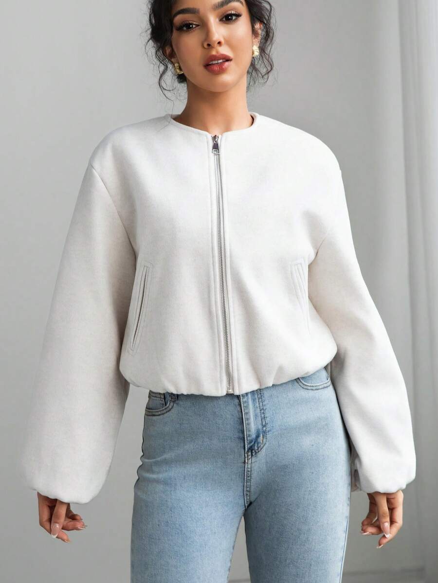 Women's Bomber Jacket Autumn Winter Outerwears Short Varsity Aviator Cropped Coats - White - View 1