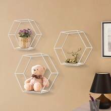 Juego de 3 estantes de pared hexagonales de metal, estantes colgantes decorativos dorados, estantes de pared tipo loft, estantes colgantes decorativos, estante de pared para decoración de paredes en la sala de estar, dormitorio, baño, cafetería y hotel. - Blanco - Ver 6