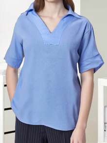 Women's Summer Cotton Linen T-Shirt Casual Loose Fit Solid Lapel V Neck Elbow Sleeve Blouses Tops - 藍色 - 查看 6