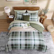 King Comforter Set, Classic Red Black Plaid-Piece Bedding Set, Farmhouse Lightweight All-Season Bed In A Bag With Sheets, Pillowcases & Shams, Home Decor - 橄欖綠 - 查看 3