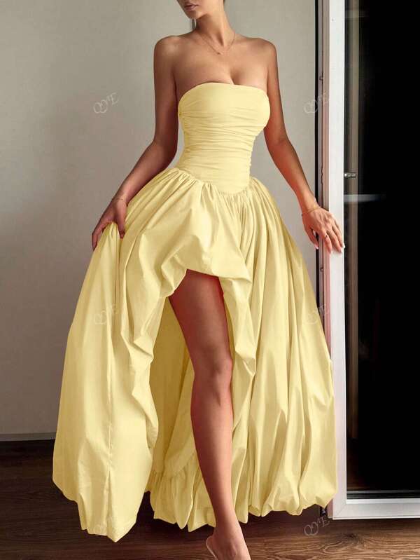 Elegant Sexy Asymmetrical Hem Strapless Yellow Women's Party Dress