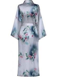 DandyChic Women's Long Floral Satin Robes Imitation Silk Sleepwear Bridal Dressing Gown For Bridesmaid Nightgownhalloween - 白蓮花 - 查看 3