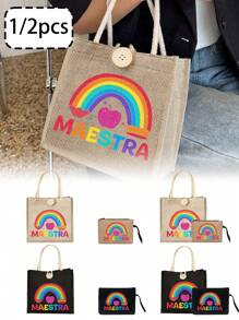 Rainbow Pencil Print Tote Bag Set, Tote Bag And Makeup Bag, Lightweight Large Capacity Tote Bag, Reusable Burlap Shopping Bag, Portable Travel Beach Bag With Makeup Bag, Best Gift For Teacher'S Day, Nurse'S Day, Birthday, Anniversary, Suitable For Weddings - Multicolor - View 1