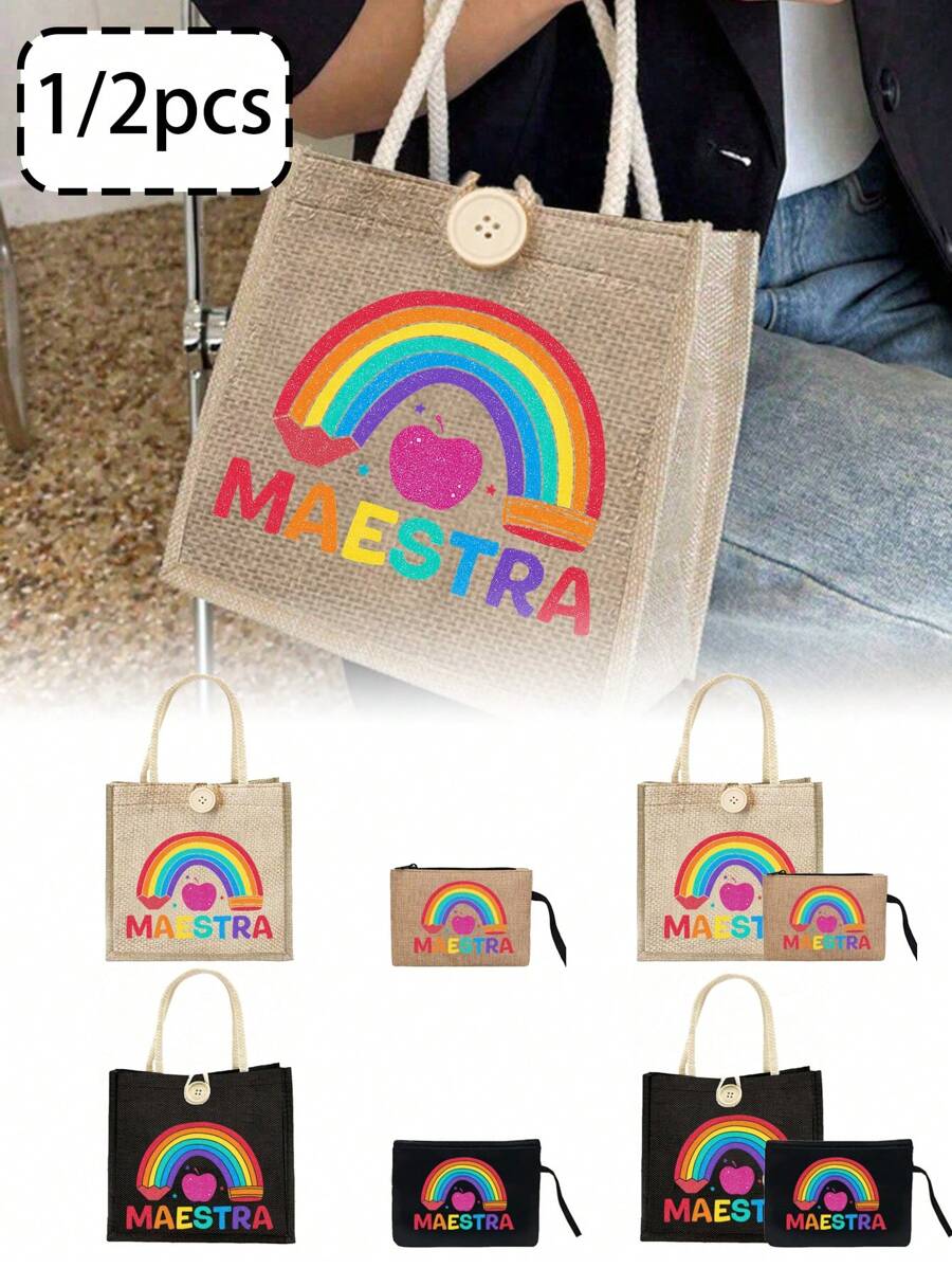 Rainbow Pencil Print Tote Bag Set, Tote Bag And Makeup Bag, Lightweight Large Capacity Tote Bag, Reusable Burlap Shopping Bag, Portable Travel Beach Bag With Makeup Bag, Best Gift For Teacher'S Day, Nurse'S Day, Birthday, Anniversary, Suitable For Weddings - Multicolor - View 1