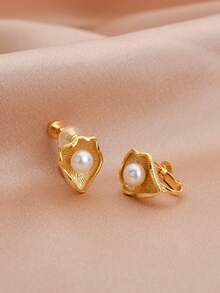 1 Pair 18K Gold Plated Natural Pearl Flower Design Hoop Earrings For Women, Mother's Day, Valentine's Day, Birthday, Bridal Gift - Yellow Gold - View 2