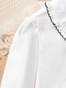 Tween Girl Casual School Style Embroidery Elegant Bow Lace Collar Long Sleeve White Blouse School Uniform, Spring Autumn - White - View 7