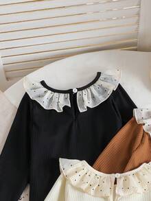3pcs/Set Girls Casual Cute Floral Lace Trim T-Shirt And Polka Dot Ruffle Blouse - Multicolor - View 9