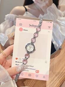 1pc Ladies' Colored Rhinestone Strap Watch, Women Fashion Elegant Gold Color Bracelet Watch Style, Daily Use
