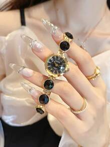 1pc Ladies' Colored Rhinestone Strap Watch, Women Fashion Elegant Gold Color Bracelet Watch Style, Daily Use