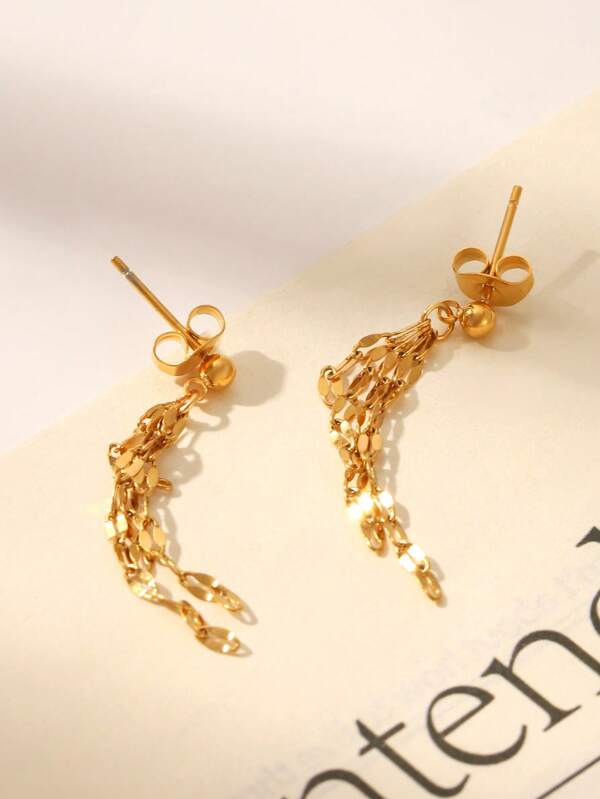 1pc, 18k Golden Plated, Stainless Steel Lip Chain Tassel Stud Earrings, Classic Luxury Stainless Steel Jewelry For Men And Women, Wedding & Graduation Season Gifts