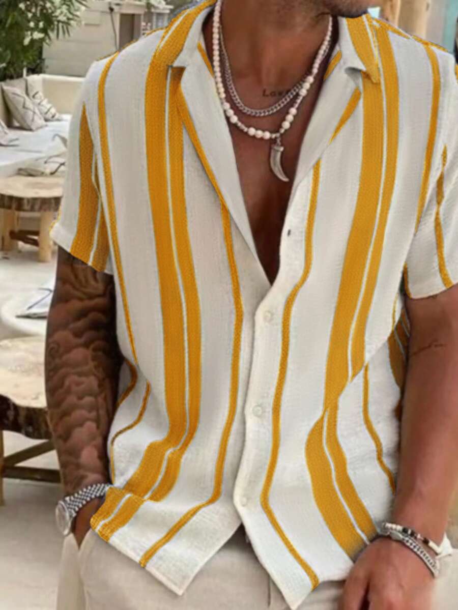 Men's Casual Colorblock Striped Short Sleeve Shirt, Comfortable Vacation Style - Yellow - View 1