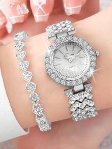 2件套女士时尚休闲罗马数字表盘全水晶英文风格腕表，包含珠宝配饰套装、时尚水晶手链套装，派对婚礼礼物、海滩度假情侣礼物 - 銀色 - 查看 2