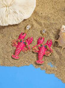 1 Pair Cute Enamel Inlaid Rhinestone Lobster Earrings, Fashionable Lobster Earrings With Ocean Elements Style, Suitable For Women To Wear For Holiday, Beach And Daily Occasions