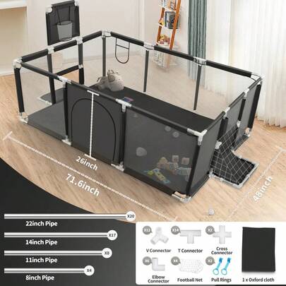 Valla de juego grande (marco de baloncesto negro*rectangular*), tenga en cuenta al realizar un pedido: actualice a grosor 026 más rizador + tubo de hierro más bolsa de PE + adaptador blanco,Centro de actividades para bebés de malla resistente y suave para niños pequeños