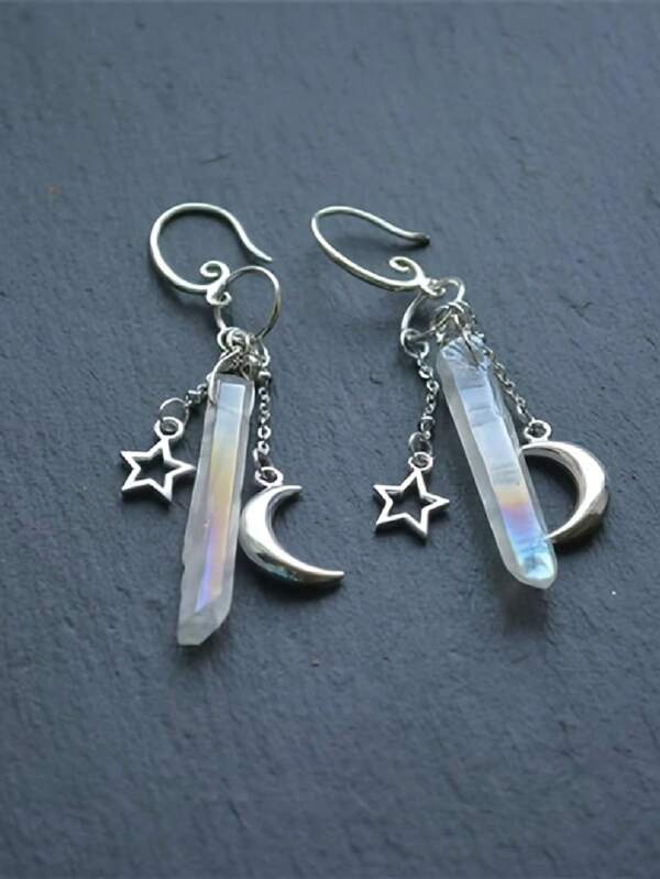 1 Paar Gothic-Stil Mond Sterne Celestial Aura Quarz Kristall Anhänger Tropfen Hänge-Ohrringe mit schwarzem Prägung Hexe Boho Göttin Charms Hexe Boho Schmuck Halloween Weihnachten Geburtstag Hochzeit Jahrestag Feiertagsgeschenk Party Accessoires Haken Ohrringe für Frauen Mädchen