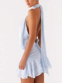 Women Pleated Halter Mini Dress Sleeveless Off The Shoulder Open Back Layered Ruffle Hem Bodycon Short Dress Summer Backless Ruced Tiered A-Line Going Out Dresses Party Club Beach Cute Dress - 藍色 - 查看 5