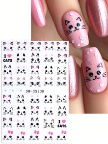 2 miếng dán móng tay hình mèo hoạt hình 3D, thiết kế rỗng màu hồng và đen hình mặt mèo dễ thương, tai và nơ, miếng dán móng tay tự dính kiểu Kawaii, phụ kiện trang trí móng tay. - Nhiều màu - Xem 4