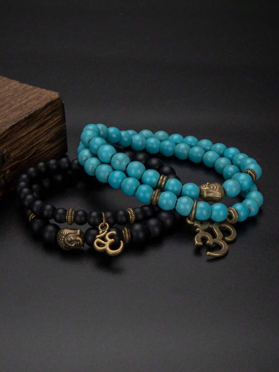 1/2pcs Unisex Adjustable Synthetic Turquoise Glass Beaded Bracelet Set, Versatile Daily Wear