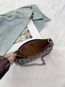 新款百搭牛仔水钻装饰小方包，女士时尚链条单肩包，日常/工作使用，单肩/斜挎包，送礼佳品 - 黑色 - 查看 8