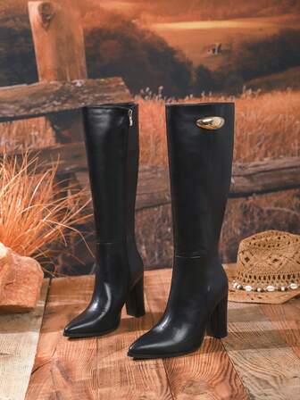 Plus Size Women's Fashion Over-The-Knee Boots, High Heels Zipper Closure Casual Walking Autumn Winter Runway Show Boots, Thick Heel Fashionable Charming Party Wedding Black Tall Boots, Western Cowgirl Retro Knight Riding Boots