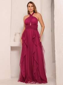 Long Party Dress For Wedding, Bridesmaid, Graduation In Plain Tulle With Cascade Skirt - 玫瑰紅 - 查看 2
