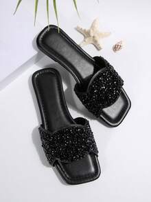 女式法式水晶装饰方头平底凉鞋，春夏秋季，优雅仙女风格，搭配连衣裙，2025 年新品