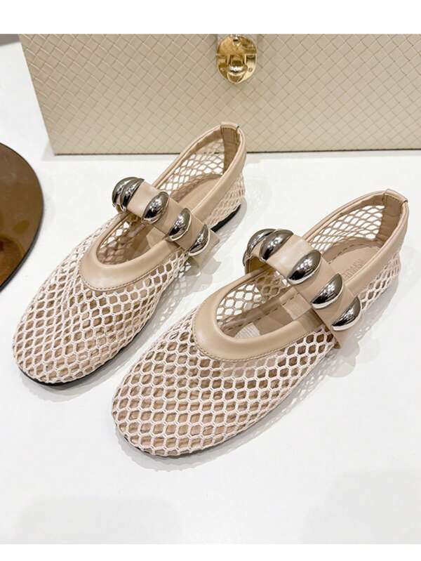 Women Elegant Breathable Knit Flat Shoes - Round Toe Slide Design, Featuring Ankle Strap, Suitable For Casual And Formal Wear, All Season, Adorable Shoes