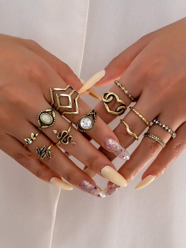 12pcs Elegant, Vintage Butterfly Style Ring Set, Suitable For Women, Holiday Party, Dating, Gift, Daily Wear