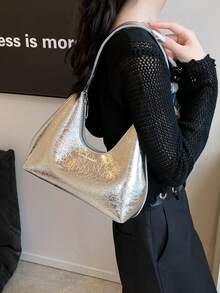 2024 复古简约法式腋下新月包，时尚优雅百搭单肩斜挎法棍包女士手提包 - 銀色 - 查看 2