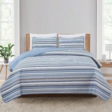 3 Piece Reversible Quilt Set With Shams | All-Season Soft & Lightweight Bedspread With Modern Striped Pattern | Sofia Collection - Xanh lam / Xám - Xem 1