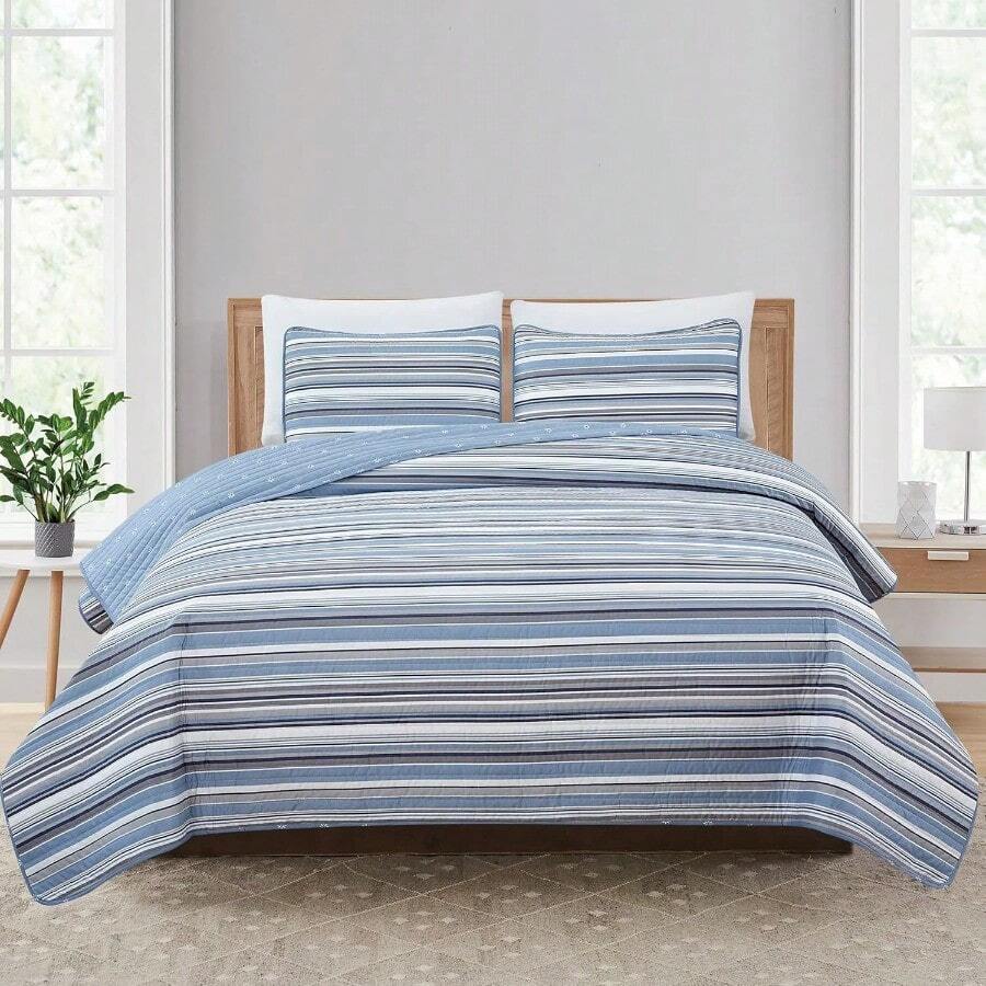 3 Piece Reversible Quilt Set With Shams | All-Season Soft & Lightweight Bedspread With Modern Striped Pattern | Sofia Collection - Xanh lam / Xám - Xem 1