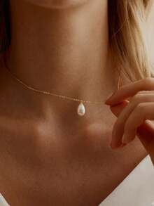 1pc Simple Faux Pearl Pendant Necklace, Suitable For Women's Everyday Wear - Gold - View 4