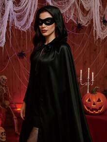 1pc Black Halloween Costume Cape, Black Satin Cape With Hood, Elegant Women's Vintage Hooded Cloak, Happy Halloween Party Decoration, Halloween Vampire Witch Costume, Trick Or Treat, Halloween Party Role Play, Vampire Witch Theme Party Supplies, Horror Theme Party Dress Up, Masquerade Surprise Costume Change, Dress Up For All, Halloween Photo Prop, Halloween Decoration, Halloween Gifts, Party Favor