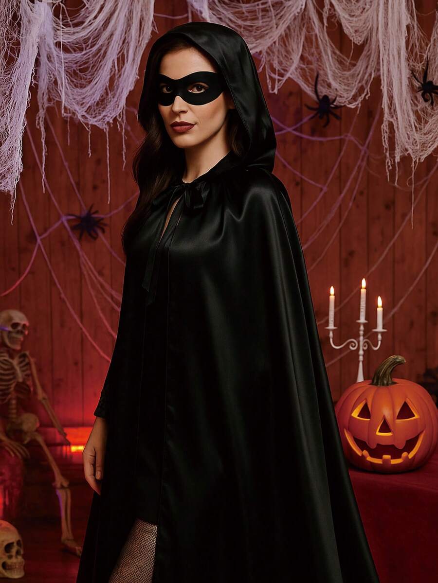 1pc Black Halloween Costume Cape, Black Satin Cape With Hood, Elegant Women's Vintage Hooded Cloak, Happy Halloween Party Decoration, Halloween Vampire Witch Costume, Trick Or Treat, Halloween Party Role Play, Vampire Witch Theme Party Supplies, Horror Theme Party Dress Up, Masquerade Surprise Costume Change, Dress Up For All, Halloween Photo Prop, Halloween Decoration, Halloween Gifts, Party Favor