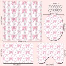 1/4pcs Pink Heart & Bow Bathroom Set, Includes Shower Curtain, Bath Mat, U-Shaped Toilet Lid Cover, Toilet Seat Cover, Fashionable Curtain/Shade, Waterproof, Machine Washable, No Drilling Required