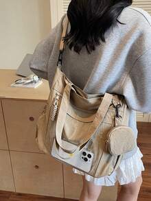 1 件卡其色尼龙女士手提包，简约轻便大容量可折叠单肩包，学院/学校风格，多个口袋，可爱时尚，含零钱包 - 查看 6