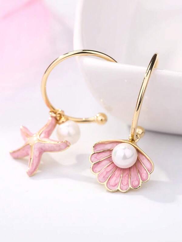 1 pieza Pendientes retro de perlas, pendientes exagerados de estilo francés con concha marina y estrella de mar, adorno de oreja con forma de C
