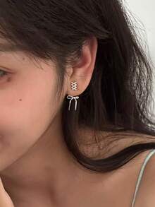 1 对女士蝴蝶结耳环，精致优雅别致甜美清新风格，丝带可爱耳环，适合婚礼、新娘和伴娘配饰 - 銀色 - 查看 7